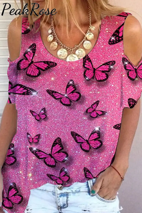 Pink Glitter Butterflies Print Cold Shoulder T-Shirt S / T-Shirt