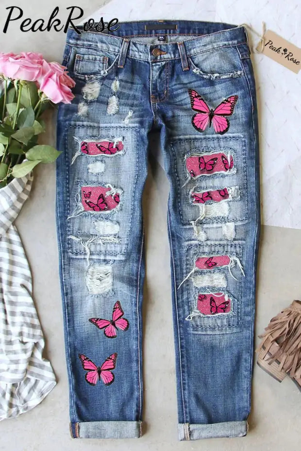 Pink Glitter Butterflies Print Ripped Denim Jeans