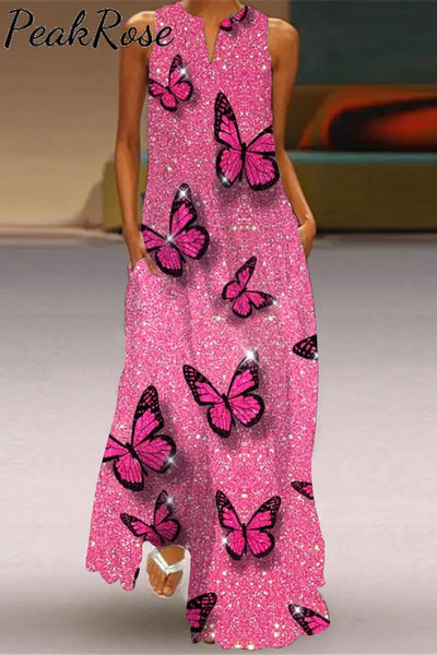 Pink Glitter Butterflies Sleeveless Maxi Dress S /