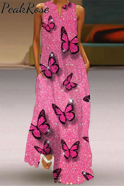 Pink Glitter Butterflies Sleeveless Maxi Dress S /