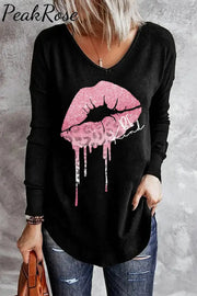 Pink Glitter Leopard Lips V-Neck Casual Long Sleeve T-Shirt S / Black