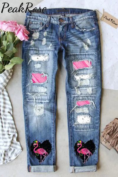 Pink Glitter Leopard Print Mardi Gras Flamingo Denim Jeans S / Photo Color