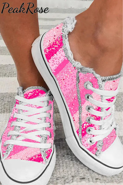 Pink Glitter Leopard Print Mardi Gras Flamingo Lace Up Canvas Shoes Sneakers 3.5(35) / Photo Color