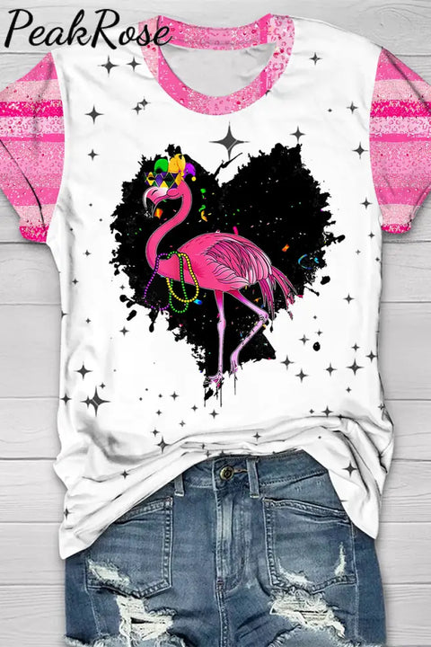 Pink Glitter Leopard Print Mardi Gras Flamingo Short-Sleeved T-Shirt Top