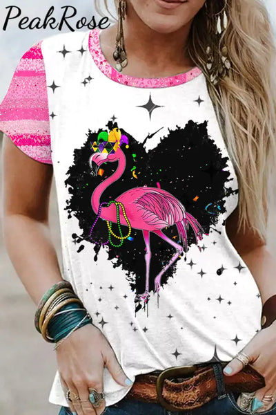 Pink Glitter Leopard Print Mardi Gras Flamingo Short-Sleeved T-Shirt Top S / Photo Color