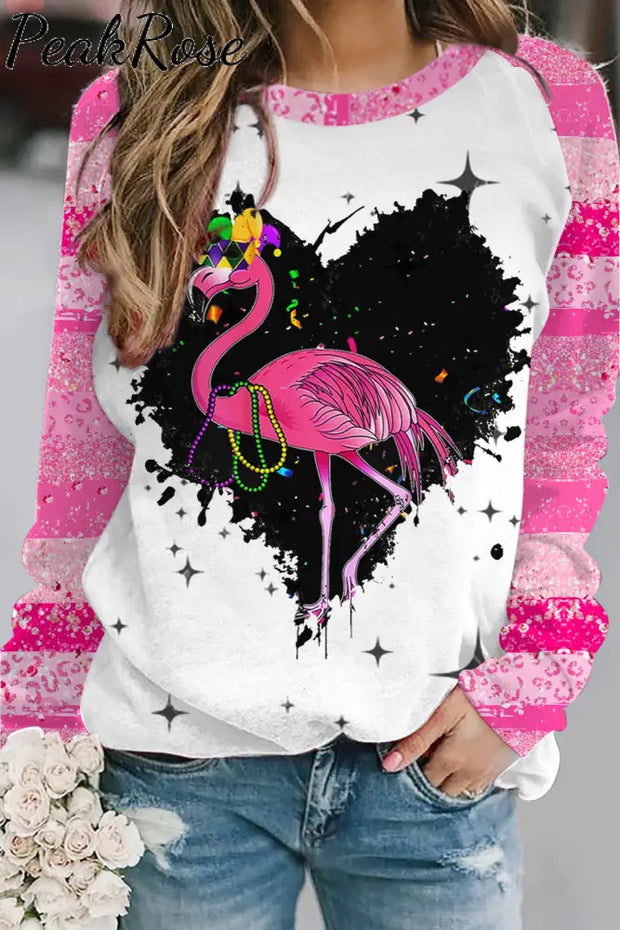 Pink Glitter Leopard Print Mardi Gras Flamingo Sweatshirt