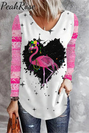 Pink Glitter Leopard Print Mardi Gras Flamingo V Neck Casual Long Sleeve T-Shirt