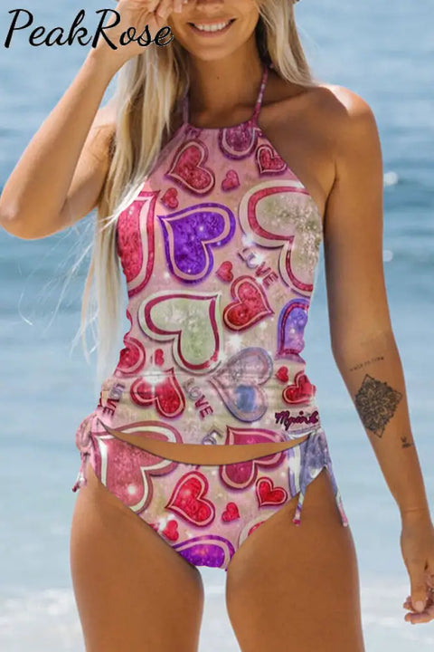 Pink Glitter Love Heart Bikini Swimsuit