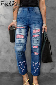 Pink Glitter Love Heart-Shaped Ripped Denim Jeans