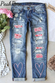 Pink Glitter Love Heart-Shaped Ripped Denim Jeans S / Blue