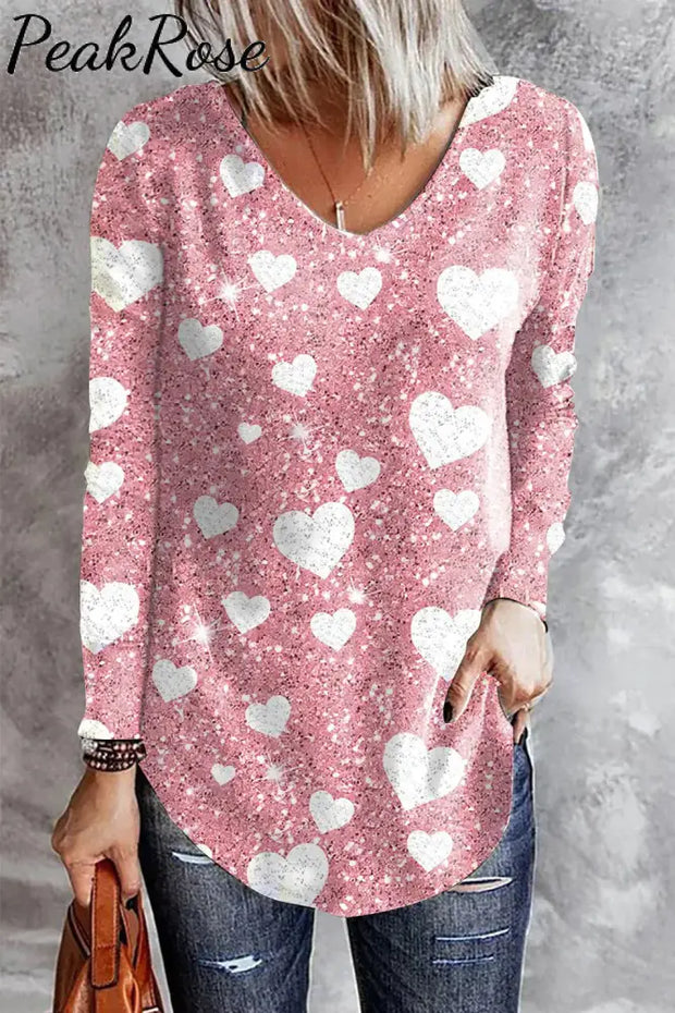 Pink Glitter Love Heart-Shaped V-Neck Casual Long Sleeve T-Shirt S /