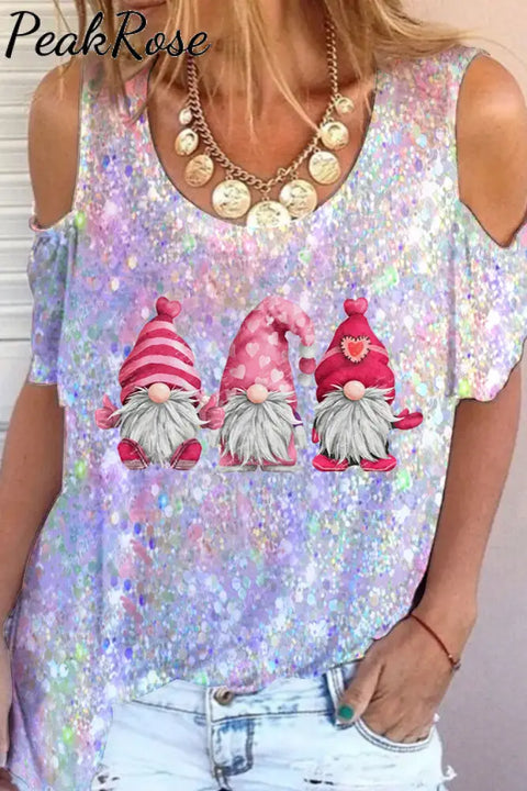 Pink Gnomes Glitter Print Cold Shoulder T-Shirt T-Shirt