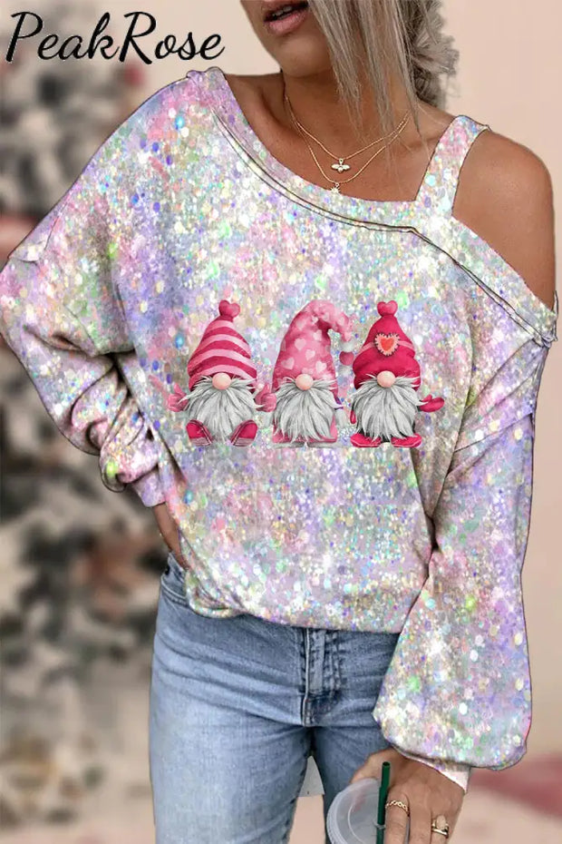 Pink Gnomes Glitter Print Off-Shoulder Blouse