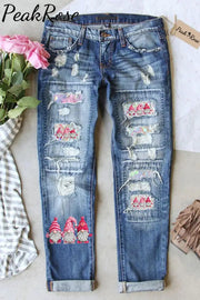 Pink Gnomes Glitter Print Ripped Denim Jeans