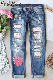 Pink Heart Lanterns Print Ripped Jeans