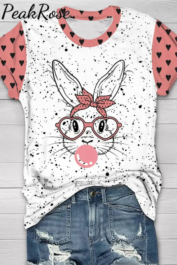 Pink Heart Polka Dots Cute Bunny Rabbit With Bandana Glasses Bubblegum O-Neck Short Sleeve T-Shirt