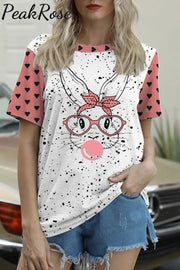 Pink Heart Polka Dots Cute Bunny Rabbit With Bandana Glasses Bubblegum O-Neck Short Sleeve T-Shirt