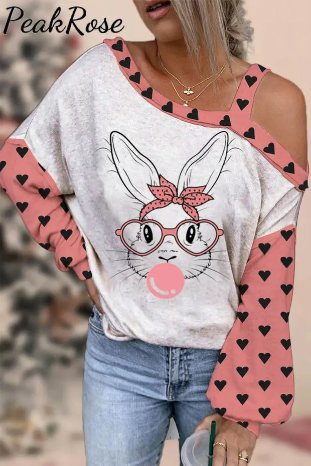 Pink Heart Polka Dots Cute Bunny Rabbit With Bandana Glasses Bubblegum Off-Shoulder Blouse