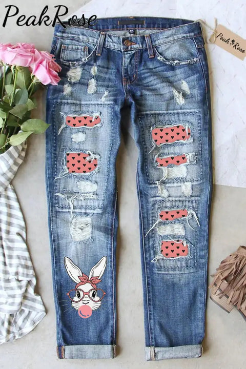 Pink Heart Polka Dots Cute Bunny Rabbit With Bandana Glasses Bubblegum Ripped Denim Jeans S