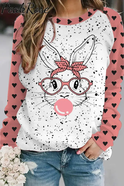 Pink Heart Polka Dots Cute Bunny Rabbit With Bandana Glasses Bubblegum Sweatshirt