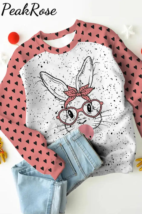 Pink Heart Polka Dots Cute Bunny Rabbit With Bandana Glasses Bubblegum Sweatshirt