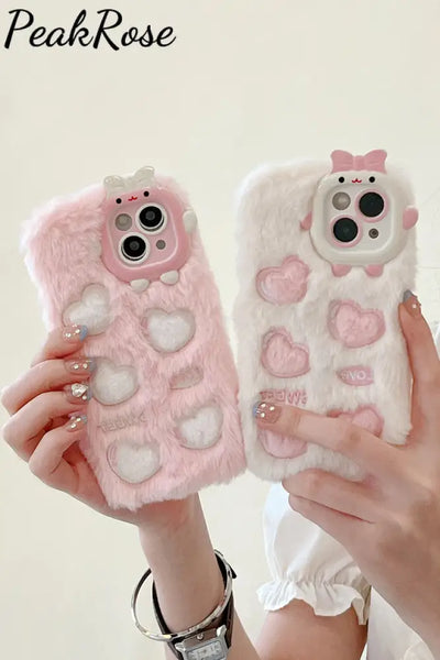 Pink Heart-Shaped Cute Plush Phone Case