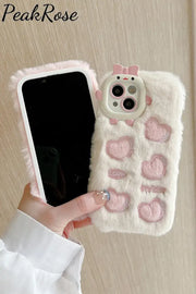 Pink Heart-Shaped Cute Plush Phone Case White