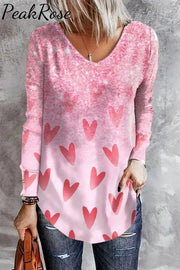 Pink Heart-Shaped Graphic V-Neck Shift Casual Long Sleeve T-Shirt