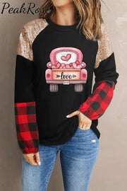 Pink Heart-Shaped Love Plaid Round Neck Shift Casual Sweatshirt