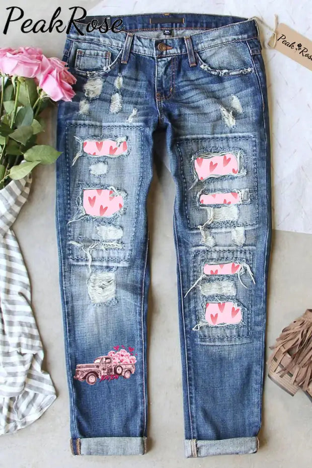 Pink Heat-Shape Ripped Denim Jeans