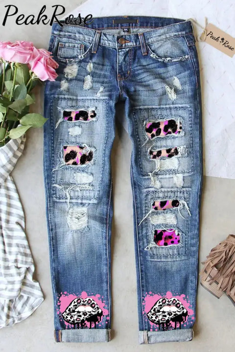 Pink Leopard Print Lips Denim Jeans S / Blue