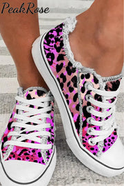 Pink Leopard Print Lips Lace Up Canvas Shoes Sneakers 3.5(35) /