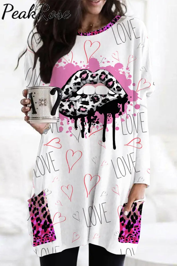 Pink Leopard Print Lips Loose Tunic With Pockets