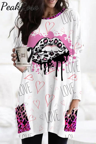 Pink Leopard Print Lips Loose Tunic With Pockets Photo Color / S