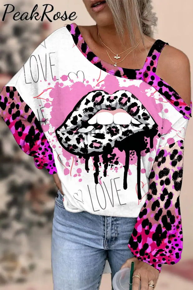 Pink Leopard Print Lips Off-Shoulder Blouse S / Photo Color