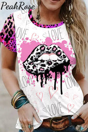 Pink Leopard Print Lips Short-Sleeved T-Shirt Top