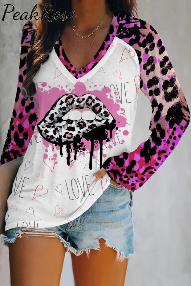 Pink Leopard Print Lips V-Neck Long Sleeve Tee