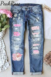 Pink Light Blue Leopard Print Hoho Jeans