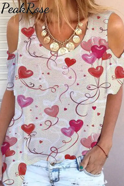 Pink Love Heart Balloons Cold Shoulder T-Shirt S /