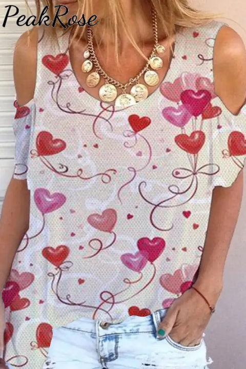 Pink Love Heart Balloons Cold Shoulder T-Shirt S /