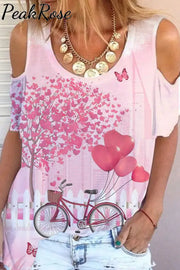 Pink Love Heart Balloons Cold Shoulder T-Shirt S /