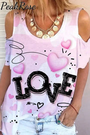 Pink Love Heart Cold Shoulder T-Shirt