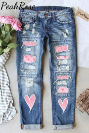 Pink Love Heart-Shaped Ripped Denim Jeans