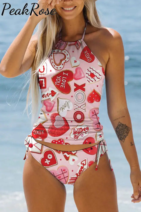 Pink Love Print Bikini Swimsuit S /