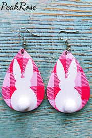 Pink Plaid Cute Easter Bunny Drop Printed Earrings