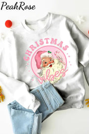 Pink Santa Claus Letter Round Neck Casual Pullover Sweatshirt