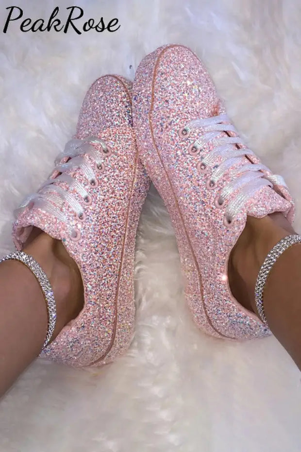 Pink Sequins Laced Up Shoes Sneakers / 3.5(35)