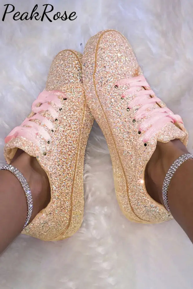 Pink Sequins Laced Up Shoes Sneakers Golden / 3.5(35)