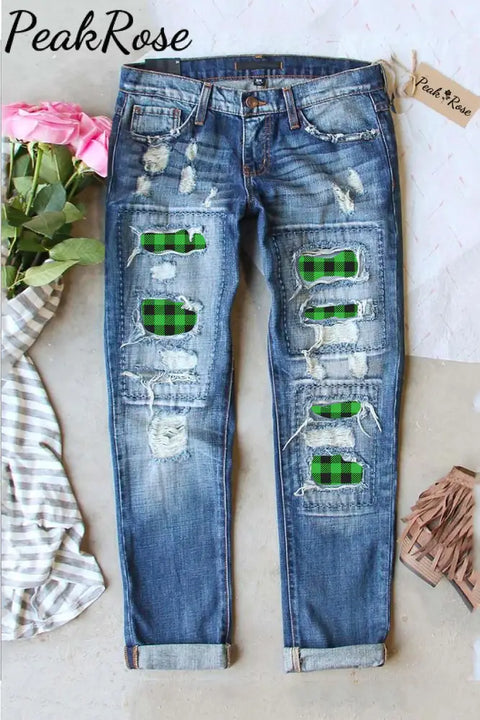 Plaid Casual Straight Denim Jean Jeans