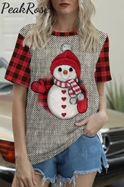 Plaid Christmas Snowman T-Shirt S / Grey